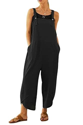 Image of MZSYLK Linen Dungarees Women Overalls Loose Sleeveless Baggy Adjustable Straps Jumpsuit Playsuit with Pockets Black-1