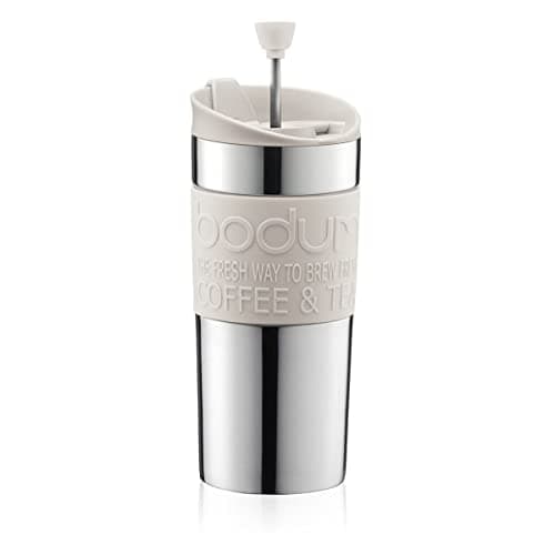 Image of BODUM Travel Press Set Coffee Maker with Extra Lid, Vacuum, Small, 0.35 Litre/ 12 oz, Off White