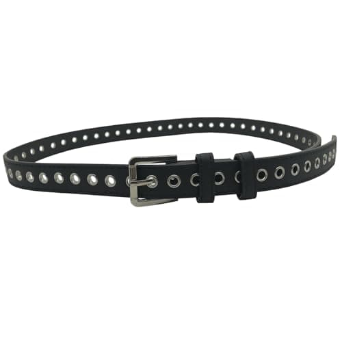 Image of Hamjax Faux Leather Belt for Women, Slim Waist Belt with Silver Alloy Buckle, Adjustable Holes for Jeans Trousers, Black