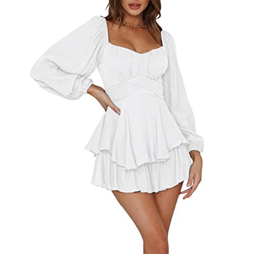 Image of L&ieserram Women 's Loose Shorts Jumpsuit Solid Color Lantern Long Sleeve Square Neck Ruched Ruffled Playsuit (White, XL)