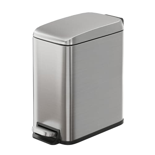 Image of WLIVE Bathroom Bin, 5 Liter Small Stainless Steel Pedal Bin, Slim-Shaped Trash Bin with Soft Close Lid for Bedroom and Office, Silver (Silver, 5L)