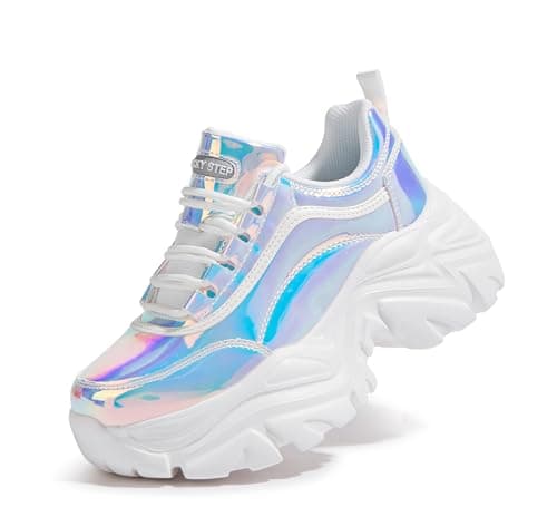 Image of LUCKY STEP Women Chunky Sneakers Fashion Platform Leather Casual Dad Shoes Comfortable Wedge Walking Sport Sneakers (White Hologram, 8.5US-39EU-6UK)