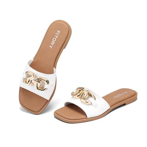 Image of FITORY Women's Flat Sandals with Gold, Casual Dressy Leather Slip on Slide for Ladies Summer Shoes Pure White Size 5.5
