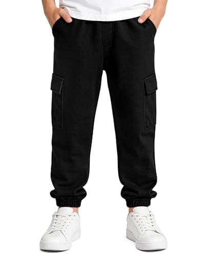 Image of LACOFIA Boys Cargo Trousers Kids Elasticated Waist Joggers School Pull On Jogging Pants Casual Slim Fit Black 12-13 Years