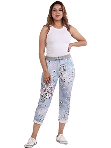 Image of Candid Styles Womens Italian Denim Joggers Sweatpants Plain Floral Star Elasticated Waist Gym Running Yoga Pants Jogging Turn Up Trousers 8-22#Light Denim Floral Trouser#UK 12-14
