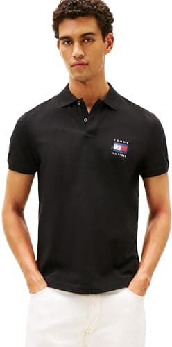 Image of Tommy Hilfiger Men’s Short Sleeve Flag Graphic Pique Regular Fit Polo Shirt, Black (Black), L