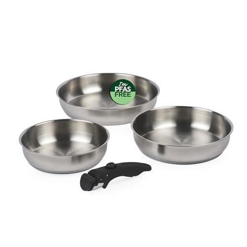 Image of Russell Hobbs 3-Piece Frying Pan Set – 20/24/28 cm Stainless Steel Cooking Pans, Detachable Clip-On Handle, Stackable, Compact, PFAS-/PFOA-Free, Oven Safe up to 200 ºC, Satin Finish, Space-Saving