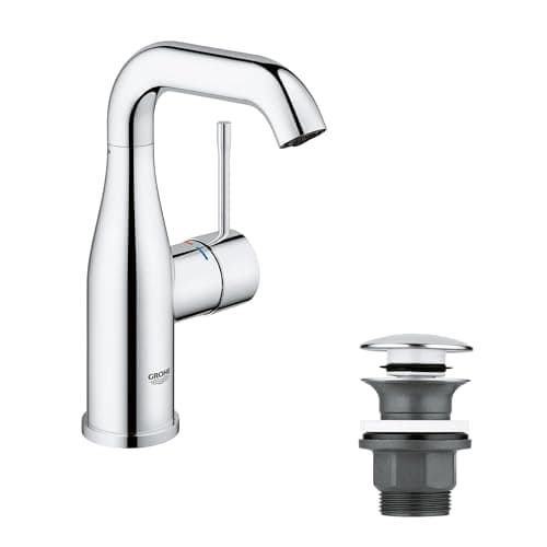 Image of GROHE Essence Smooth Body Basin Mixer Tap with Waste Push-Open Plug Set (M-Size, Metal Lever, 28mm Ceramic Cartridge, Water Saving, Swivel Spout, 3/8 Inch Tails, Min. Pressure 1 Bar), Chrome, 23798001