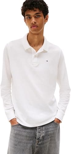 Image of Tommy Jeans Mens TJM Slim Placket Ext Dm0dm20232 L/S Polo, White (Ecru), S UK