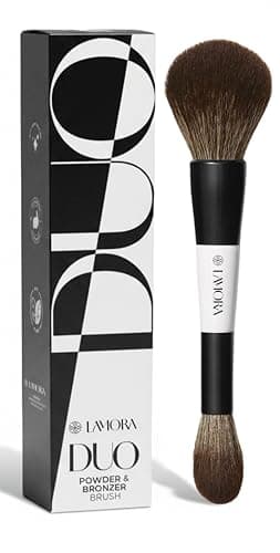 Image of Lamora Powder + Bronzer Dual-Ended Makeup Brush - Fluffy Full Face Duo Makeup Brush for Setting Pressed, Baked, or Loose Powder Bronzer Highlighter Blush - Vegan, Cruelty-Free & Synthetic Bristles