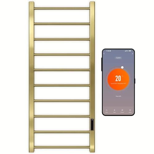 Image of SolAire Alpine Stainless Steel Wifi Electric Heated Towel Rail | Brushed Brass/Gold Colour | Energy Efficient Towel Radiator | Dry Thermal Heating | Thermostat & Timer (500 x 1200 mm)