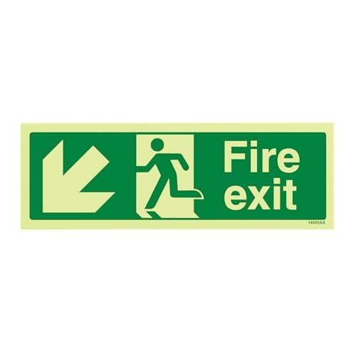 Image of V Safety Glow In The Dark Fire Exit Arrow Down Left Sign - 300mm x 100mm - Rigid Plastic