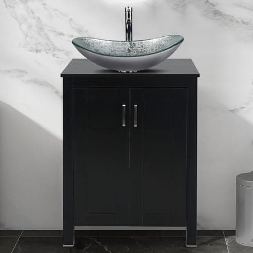 Image of ARTETHYS Bathroom Sink Cabinet, Bathroom Vanity Units with Basin, 60cm Black Bathroom Cabinet Free Standing with Cloakroom Silver Glass Vessel Sink