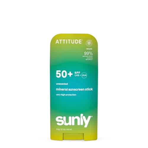 Image of ATTITUDE Mineral Sunscreen Stick SPF 50, Broad Spectrum Zinc Oxide, EWG Verified, Non-Nano, Mess-Free Stick for Face & Body, Lightweight Non-Greasy, Vegan, Unscented, 60 grams