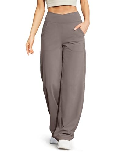 Image of G4Free Yoga Pants for Women Wide Leg Joggers Trousers Crossover High Waist Loose Stretch Work Dress Casual Lounge Pants with Pockets(Tall,Taupe,M)