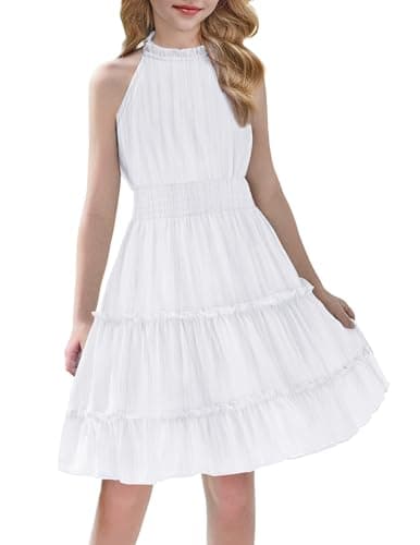 Image of Arshiner Girls Dresses White Chiffon Sleeveless Summer Casual Midi Dress Children's Round Neck Festive Wedding Evening Dress Birthday Party Dresses Girls' Clothing 11-12 Years