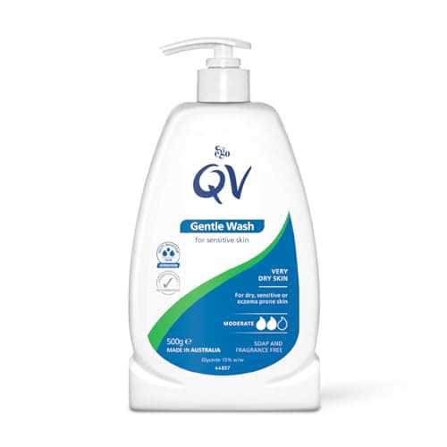 Image of QV Gentle Wash (500g) for Dry, Sensitive Skin, pH Balanced, Unscented, Soap Free, Moisturising Soap alternative that lathers for Dry Skin Eczema, Psoriasis, Dermatitis for whole body