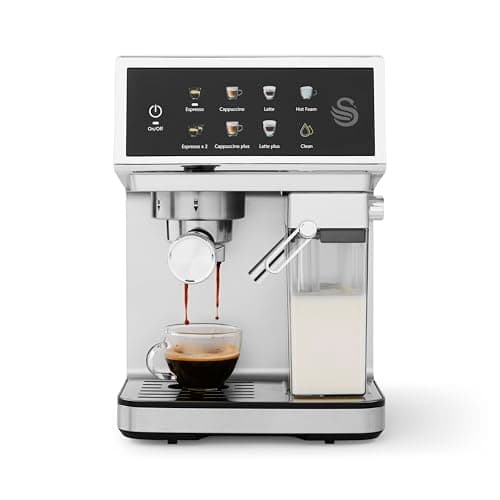 Image of Swan SK22154 Pump Espresso Digital Coffee Machine, Digital Touch Controls with 8 Pre-Sets, 20 Bar Pressure, Built-in Automatic Milk Frother with 500ml Tank, Black