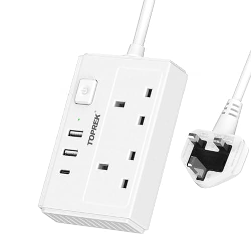 Image of TOPREK 2 Plug Extension Lead with USB C Slots, 2 USB-A Ports + 1 USB-C, Slim Flat Plug (0.57inch), 1.5m Extension Cable with Switch & 8-Safety Protections for Home/Office/Travel