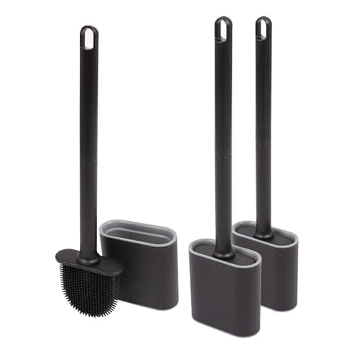 Image of Harbour Housewares Wall-Mounted Toilet Brush & Holder Sets - Pack of 3 - Black - Silicone Brush, Slimline, Detachable, Hygienic, Space-Saving Bathroom Accessories