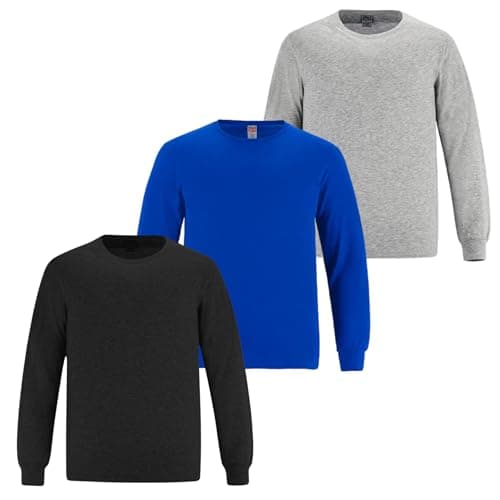 Image of 3 Pack Boys Kids Long Sleeve T-Shirt Top Cuffed Crew Neck Plain Jersey Tee Top Adults Casual Wear (Royal-Charcoal-Grey, 11-12Y)