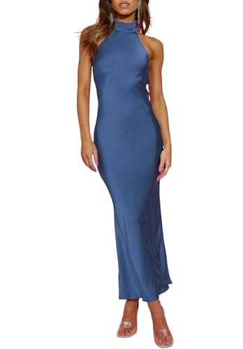 Image of Phicia Sexy Satin Halter Neck Backless Maxi Dress for Women Elegant Tie Cowl Back Formal Wedding Guest Dress for Summer, Blue, XS