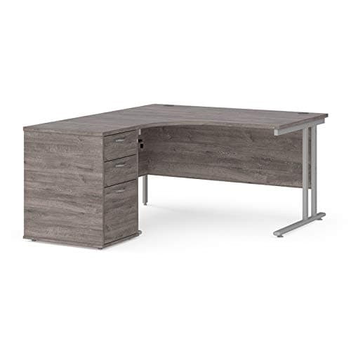 Image of Mr Office Maestro 25 left hand ergonomic desk with silver cantilever frame and desk high pedestal bundle, Grey oak, 1400