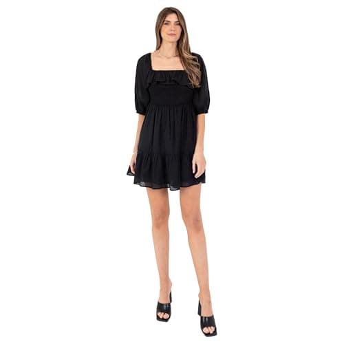 Image of Lovedrobe Women's Mini Dress Square Neckline Short Puff Sleeve Fit and Flare Skater A-Line Casual Shirred Waist Smock Black 46, Black, UK 10.5
