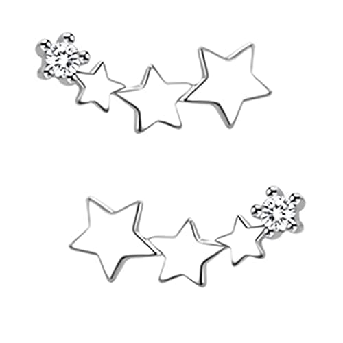 Image of Silver Triple Star Stud Earrings for Women and Girls,Silvery Tiny Starburst Climber Earrings,Flat Silvers Shooting Stars Studs,Flat Crawler Cartilage Studs,925 silver Jewelry Gift for Teens