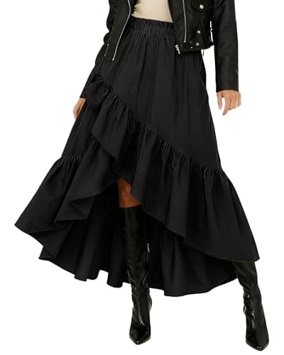 Image of Bsubseach Women Asymmetrical Skirt High Waisted Wrap Maxi Skirt Tiered High Low Skirts Flowy Ruffle Midi Skirts with Slit Black L