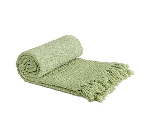 Image of Emma Barclay Honeycomb - Recycled Cotton Plain Waffle Textured Chair Sofa Setee Throw Over Blanket in Pistachio Green - 50x60 (127x152cm)