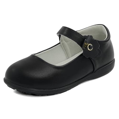 Image of MK MATT KEELY Girls School Shoes Kids Black Faux Leather Shoes with Little Girls Mary Jane Uniform Flats,Black with Flower,Size 1 UK