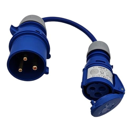 Image of UK Made 32A Plug to 16A Blue CEE Socket Connector. HD 3x4mm2 Hookup Converter Cable 230V IP44