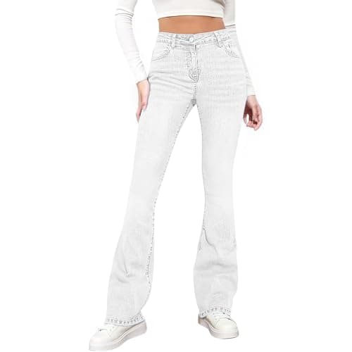Image of Flared Jeans for Women UK High Waisted Skinny Bootcut Pants Casual Stretchy Straight Leg Slim Fit Denim Trousers Comfort Versatile Retro Button Bell Bottoms with Pockets White