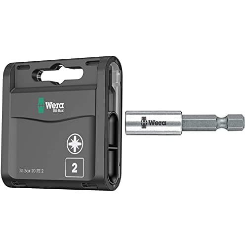 Image of Wera Bit-Box 20 H PZ2 Extra Hard bits for Drill/Drivers, 25mm, 20pc Pack, 05057760001, Black & 899/4/1 Universal Magnetic Bit Holder 50mm Carded