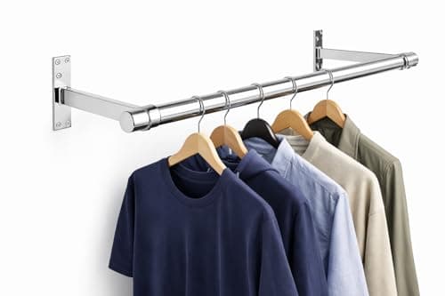 Image of 32mm Wall Mounted Clothes Rail Heavy Duty Chrome Garment Hanging Bar – Steel Clothing Display for Retail Shop, Stockroom & Home Wardrobe (2ft Tube + 2 Brackets)