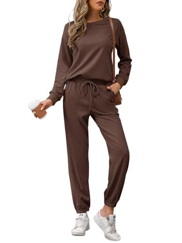 Image of REORIA Womens Long Sleeve Crewneck Solid Color Two Piece Outfit Hoodie Jogger Tracksuit Set Sweatshirt & Sweatpants Coffee L