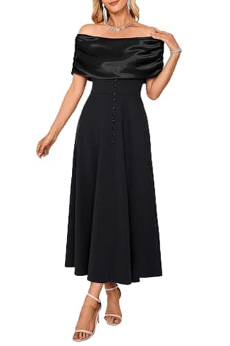 Image of Newshows Womens Off Shoulder Cocktail Evening Dress Elegant Ruched Swing Bridesmaid Wedding Guest Dresses Black,XL