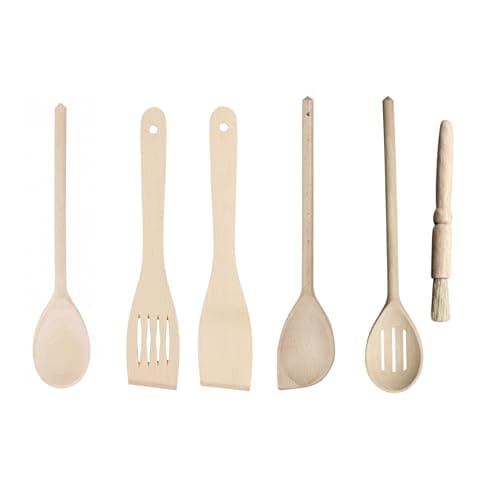 Image of Tala 6 Piece Wooden Utensil Set, Contains Large Spoon, Slotted Spoon, Solid Spatula, Slotted Spatula, Scraper Spoon & Pastry Brush, Made with FSC Certified and Sustainable Beechwood Kitchen Tools,