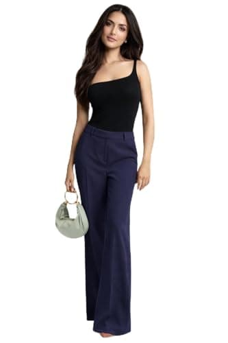 Image of Women’s Wide Leg Office Trouser High Waist Stretchy Smart Casual Workwear Flared Pants (Navy,L27 W16)
