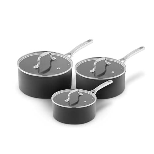 Image of Sur La Table Hard Anodised 3 Piece Saucepan Set with Tempered Glass Lids, Riveted Steel Handles, 10x Stronger Superior Non-Stick Ceramic Coating, Induction Compatible, Grey, SLT800370