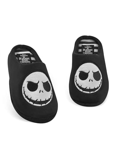 Image of Disney The Nightmare Before Christmas Unisex Slippers | Jack Skellington Character Face Slip On Mules in Black | Halloween Town Indoor House Shoes | Classic Tim Burton Movie Merchandise Gift