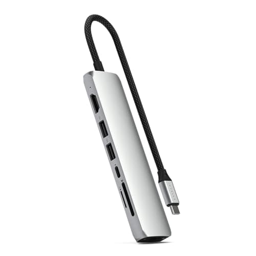 Image of SATECHI 7-in-1 USB-C Hub Slim Plus Multiport Adaptor with Ethernet, HDMI 4K@60Hz, 100W USB-C PD Charging, 2x USB-A Data Ports, microSD/SD Card Readers for MacBook Air & Pro M5 M4, Windows – Silver