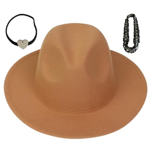 Image of JK Home Fedora Hats with 2pcs Removable Belt Buckle - Wide Brim Wool Felt Panama Hat Soft Warm Jazz Cap for Unisex Men Women Camel#A