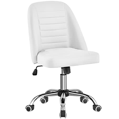 Image of Yaheetech Mid Back Desk Chair Faux Leather Office Chair Modern Vanity Chair Armless Swivel Chairs w/Lumbar Support White