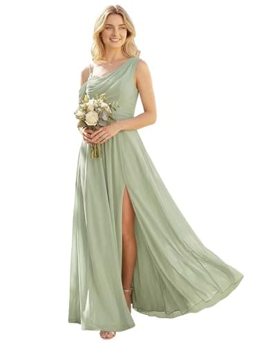 Image of Ever-Pretty Women's One-Shoulder Chiffon Bridesmaid Dress Draped Bodice Maxi Dress with Side Split for Wedding Parties Mint Green 18UK