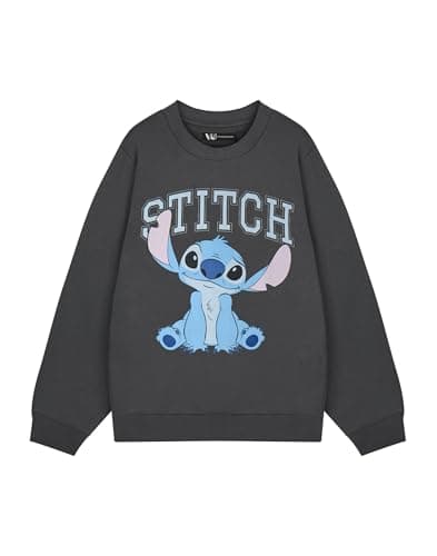 Image of Disney Stitch Womens Grey College Sweatshirt | Cute Cartoon Character Pullover | Soft Sweater Top Fan Apparel | Comfy Jumper for Ladies