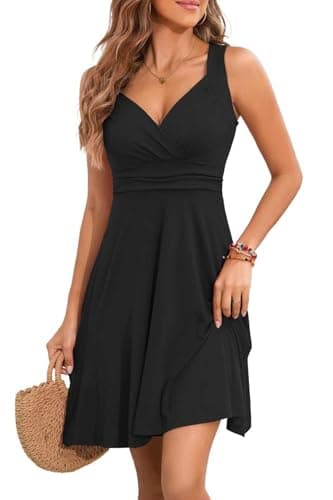 Image of Arevill Womens Summer Dresses V Neck Floral & Plain Sleeveless Wrap A Line Mini Dress Ladies Soft Stretch Lightweight Casual Sundress Black