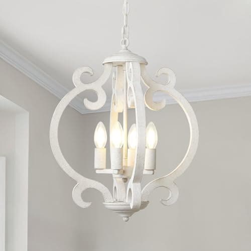 Image of LynPon 4 Lights White Farmhouse Chandelier Ceiling Light Rustic French Light Fittings Ceilings Hanging, Antique Vintage Wood Pendant Light for Dining Room Kitchen Living Room Bedroom Hallway