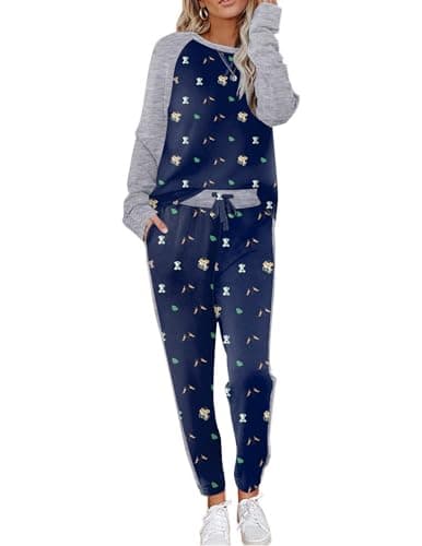 Image of Ekouaer womens Pyjamas set lightweight lounge wear sets crewneck Long Pant Nightwear 2 PCS Sleepwear set long sleeves Pjs Teddy Bear Navy Blue M